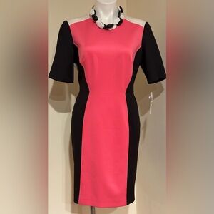 LONDON TIMES NWT Pink Black White Color-block Dress Sz 14P. Visible silver Zip.